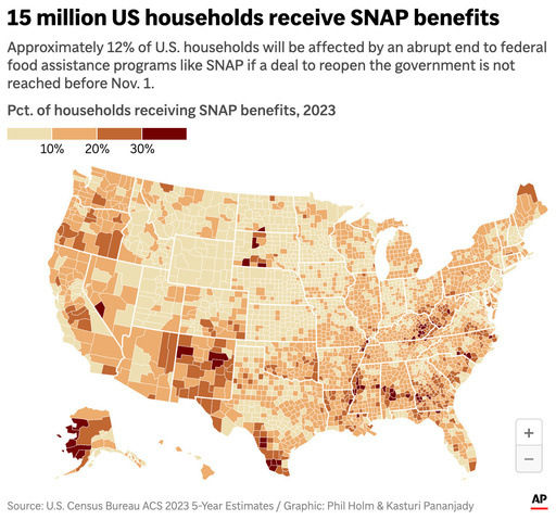The map above shows the percentage of U.S. households in each county that receive SNAP food assistance benefits. (AP Digital Embed) The map above shows the percentage of U.S. households in each county that receive SNAP food assistance benefits. (AP Digital Embed)
