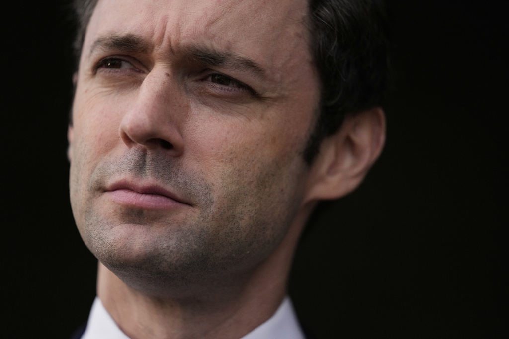 FILE - Sen. Jon Ossoff, D-Ga., speaks during an interview at Dobbins Air Reserve Base in Marietta, Ga., April 26, 2025. (AP Photo/Brynn Anderson, File)