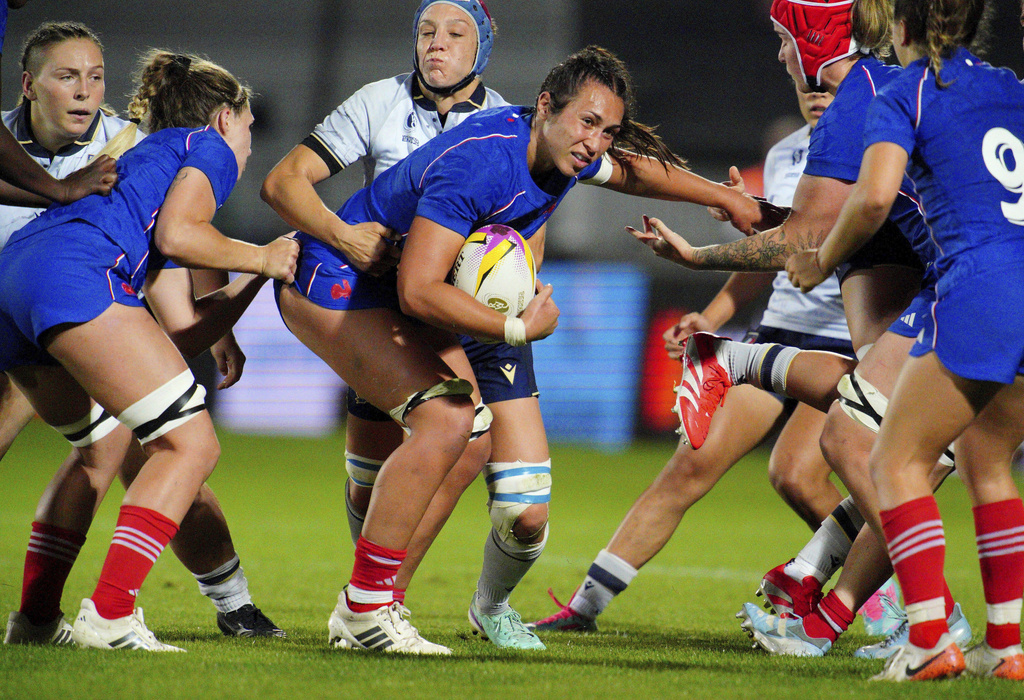 France's Teani Feleu in action during the group D match at the 2025 Women's Rugby World Cup between France and Italy at Sandy Park, Exeter, England, Saturday, Aug. 23, 2025. (Ben Birchall/PA via AP)
