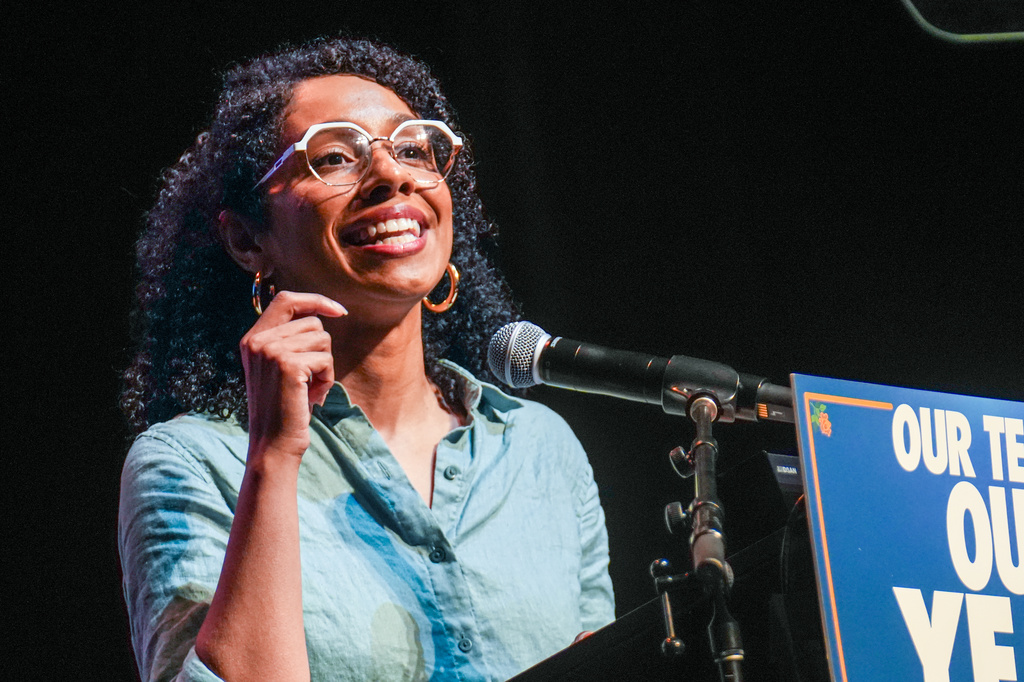 Democratic congressional candidate Darializa Avila Chevalier speaks during a Get Out The Vote rally ahead of New York's primary election, Thursday, June 18, 2026, in the Brooklyn borough of New York. (AP Photo/Ryan Murphy)
