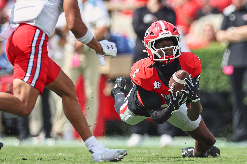 Georgia defensive back Ellis Robinson IV (1) intercepts a pass during the first half of an NCAA college football game against Austin Peay, Saturday, Sept. 6, 2025, in Athens, Ga. (AP Photo/Colin Hubbard)