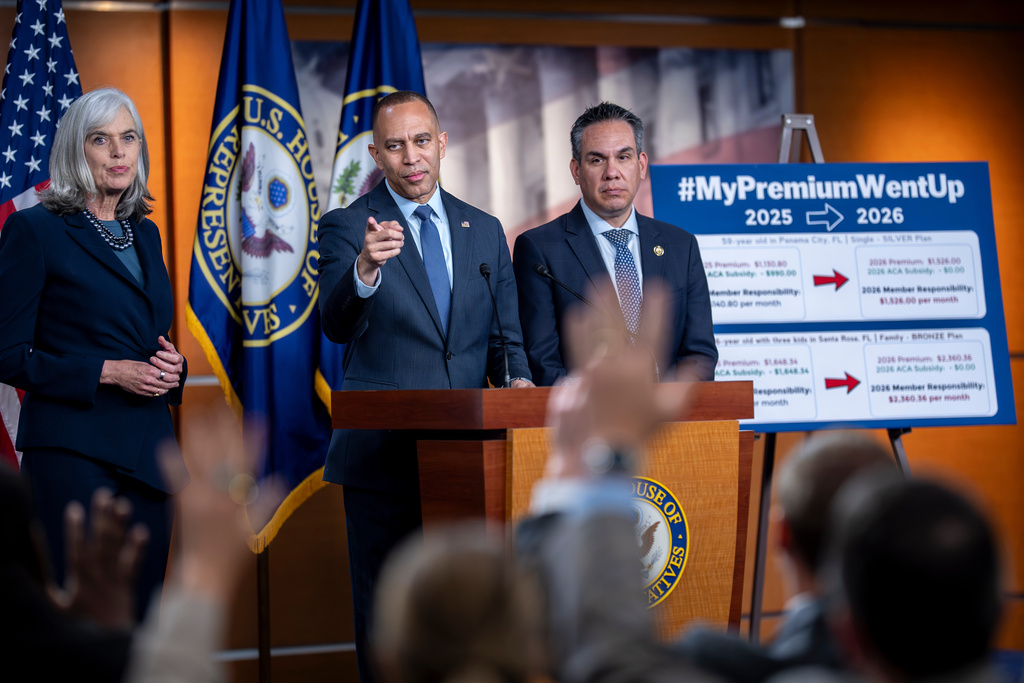 From left, Rep. Katherine Clark, D-Mass., the House minority whip, House Minority Leader Hakeem Jeffries, D-N.Y., and Rep. Pete Aguilar, D-Calif., chair of the Democratic Caucus, speak during a news conference on day 22 of the government shutdown to discuss how the crisis could impact health care, at the Capitol in Washington, Wednesday, Oct. 22, 2025. (AP Photo/J. Scott Applewhite)