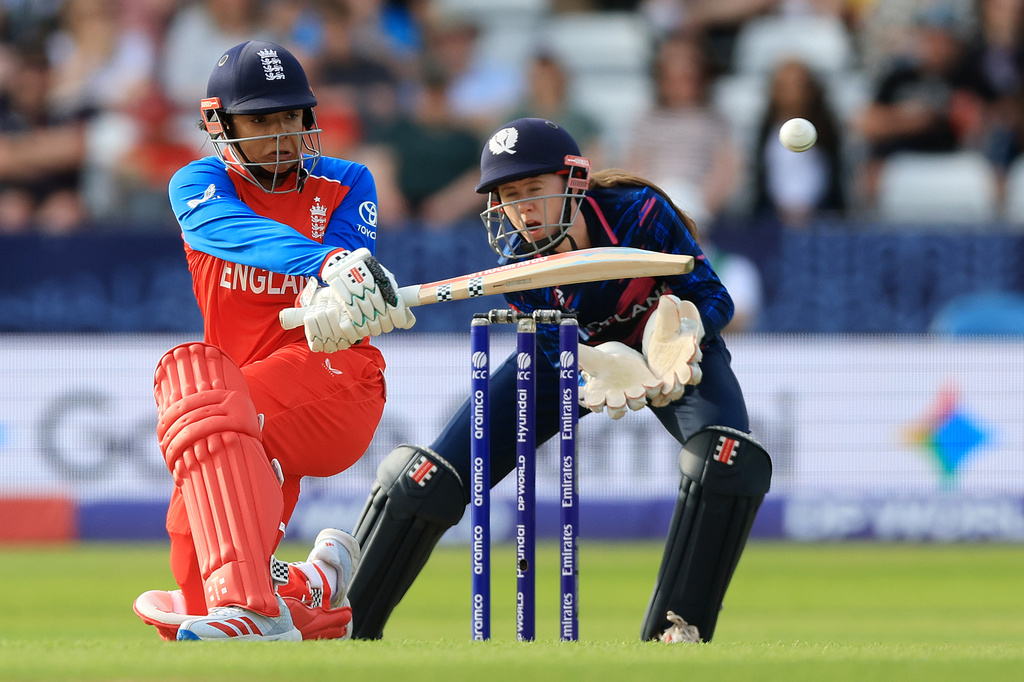 England's Sophia Dunkley batts during the ICC Women's T20 World Cup match between England and Scotland, at Headingley, in Leeds, England, Saturday June 20, 2026. (Nigel French/PA via AP)