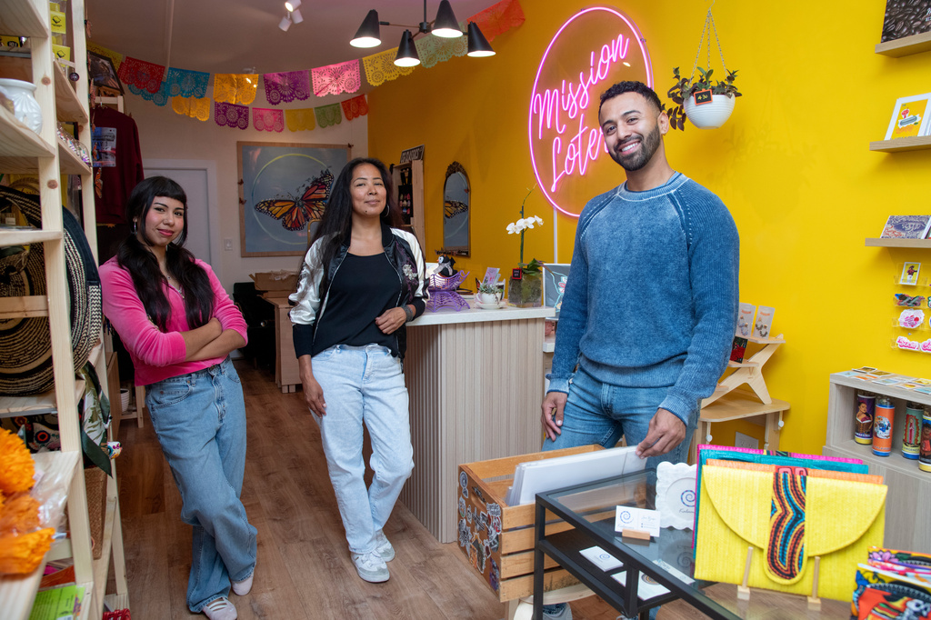 Store associate Dalia Rangel, store manager Paloma Flores and CEO Luis Quiroz pose for a portrait at the Mission Loteria store on Friday, Oct. 9, 2026, in San Francisco. (AP Photo/Akash Pamarthy)