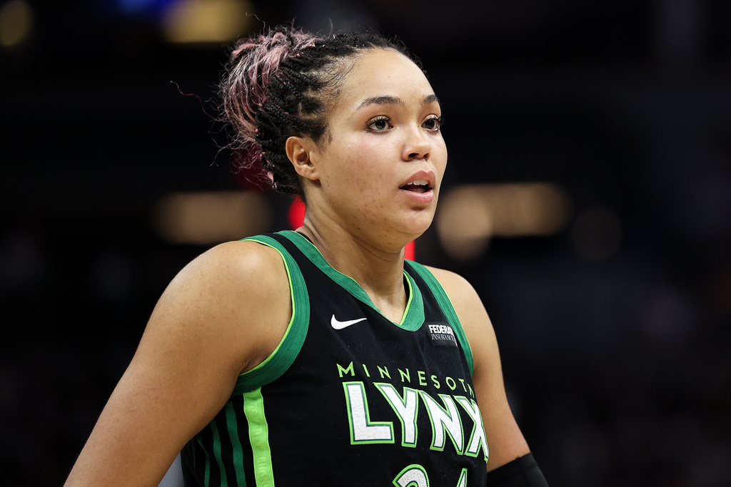 FILE - Minnesota Lynx forward Napheesa Collier (24) looks on during the first half of Game 2 of a WNBA basketball playoff semifinals series against the Phoenix Mercury Sept. 23, 2025, in Minneapolis. (AP Photo/Matt Krohn, File)