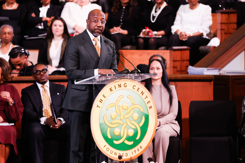 Sen. Raphael Warnock speaks during the Martin Luther King Jr. Beloved Community Commemorative Service at Ebenezer Baptist Church in Atlanta, Monday, Jan. 19, 2026. (Abbey Cutrer/Atlanta Journal-Constitution via AP)