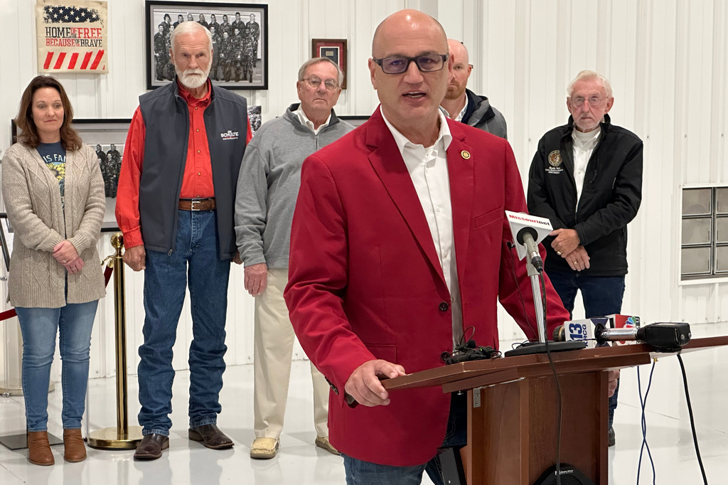 Denny Hoskins, Missouri's secretary of state, speaks to reporters at a campaign event on Nov. 4, 2024, inside a building at the Jefferson City Memorial Airport in Missouri. (AP Photo/David A. Lieb)