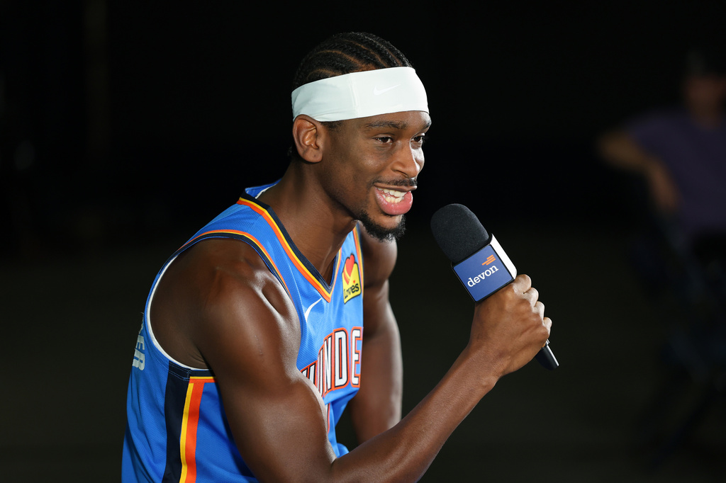 Oklahoma City Thunder's Shai Gilgeous-Alexander gives an interview during the NBA basketball team's media day Monday, Sept. 28, 2026, in Oklahoma City. (AP Photo/Nate Billings)
