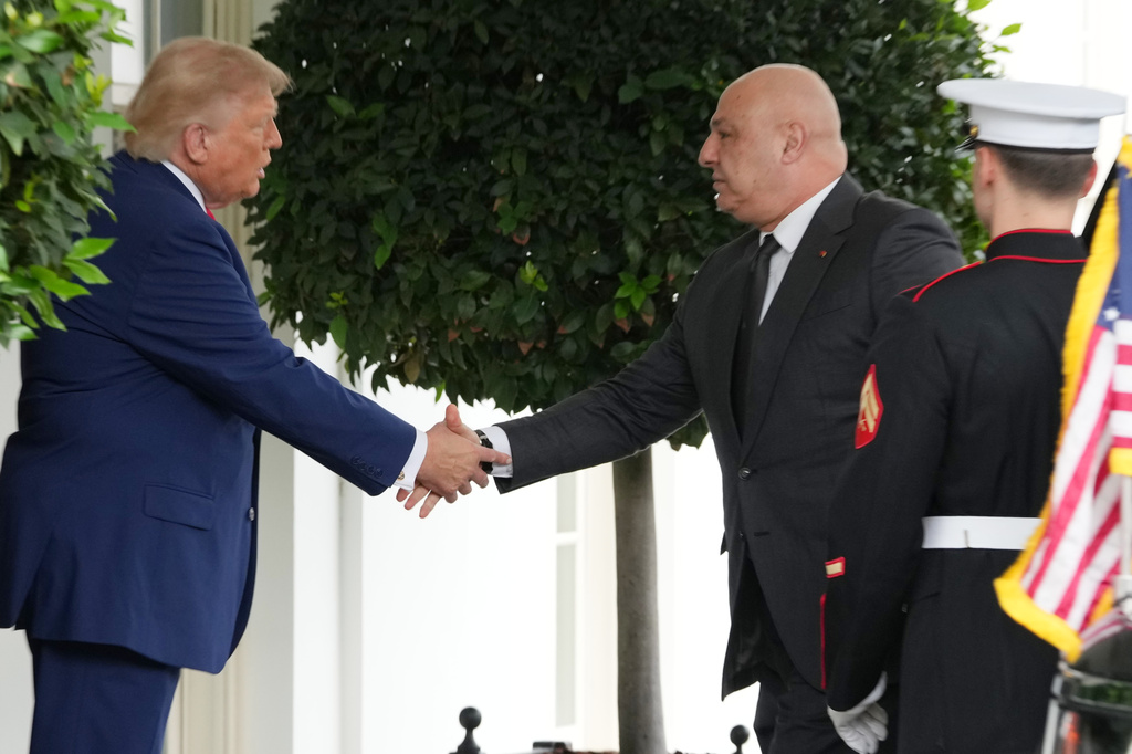 President Donald Trump greets Lebanese President Joseph Aoun on his arrival at the White House, Tuesday, July 21, 2026, in Washington. (AP Photo/Mark Schiefelbein)