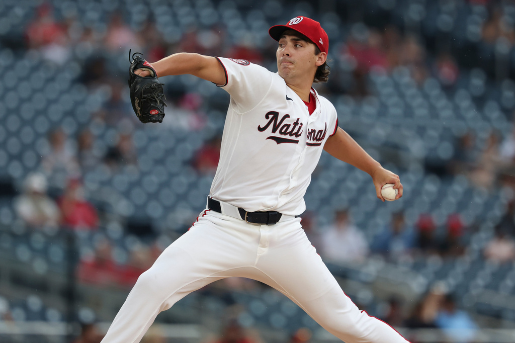 Washington Nationals pitcher Andrew Alvarez throws during the second inning of a baseball game against the Houston Astros, Tuesday, July 7, 2026, in Washington. (AP Photo/Terrance Williams)
