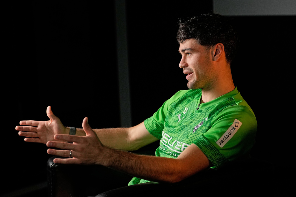 American soccer player Gio Reyna talks during an interview with The Associated Press at the stadium of his Bundesliga club Borussia Moenchengladbach in Moenchengladbach, Germany, Tuesday, Oct. 21, 2025. (AP Photo/Martin Meissner)