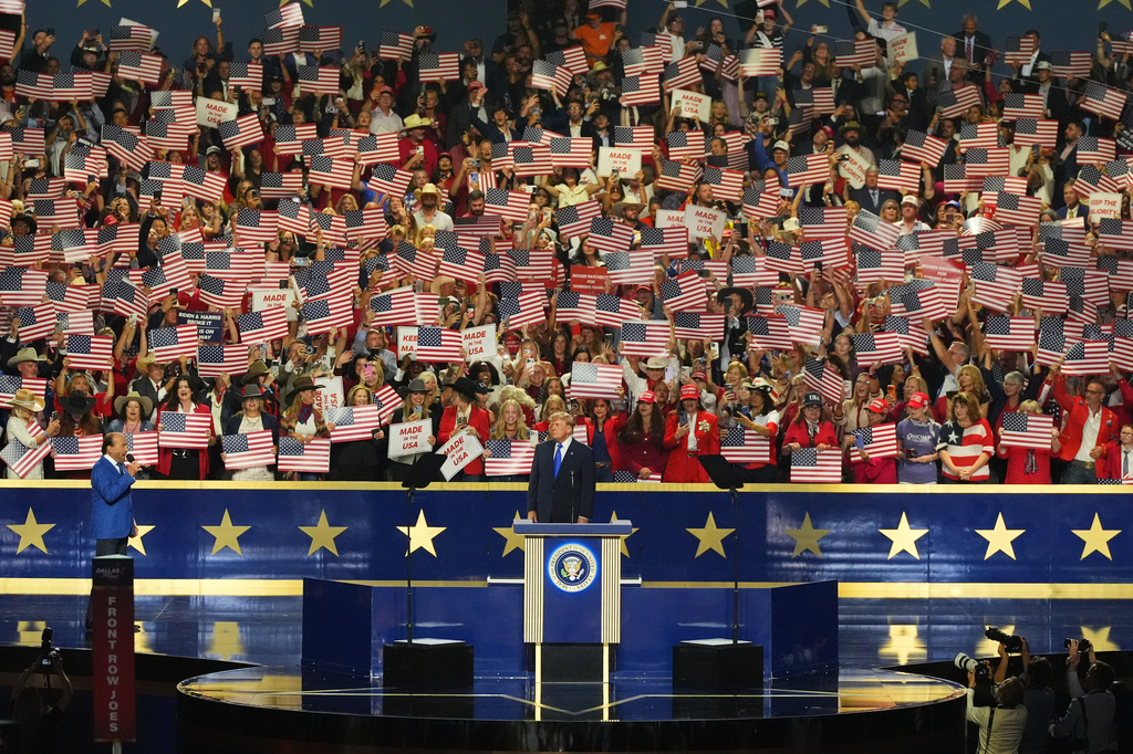 President Donald Trump takes center stage at the Republican convention in Dallas, Wednesday, Sept. 9, 2026. (AP Photo/Tony Gutierrez)