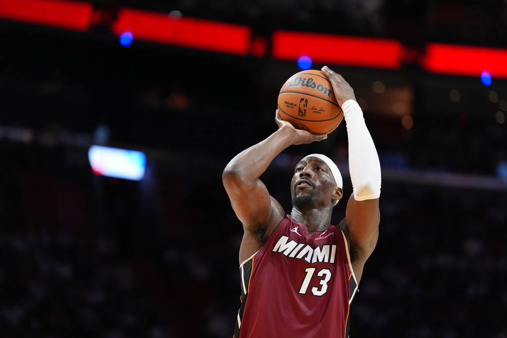 Miami Heat center Bam Adebayo shoots a free throw during the second half of an NBA basketball game against the Washington Wizards, Tuesday, March 10, 2026, in Miami. (AP Photo/Rebecca Blackwell)