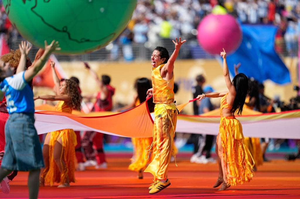 Dancers perform during the halftime show of during the World Cup final soccer match between Spain and Argentina in East Rutherford, N.J., near New York, Sunday, July 19, 2026. (AP Photo/Ashley Landis)