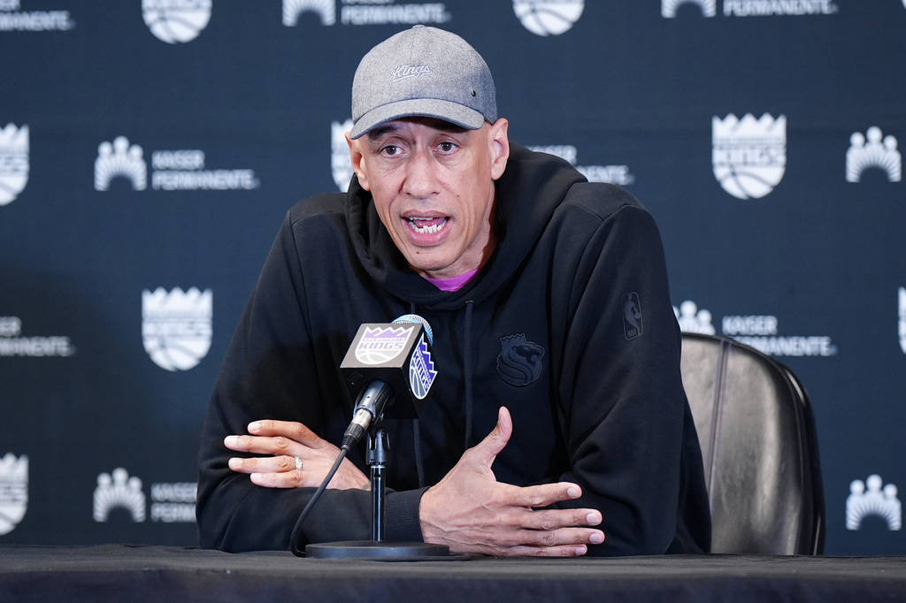 Sacramento Kings head coach Doug Christie speaks to the media before an NBA basketball game against the New Orleans Pelicans, Friday, April 3, 2026, in Sacramento, Calif. (AP Photo/Alan Greth)