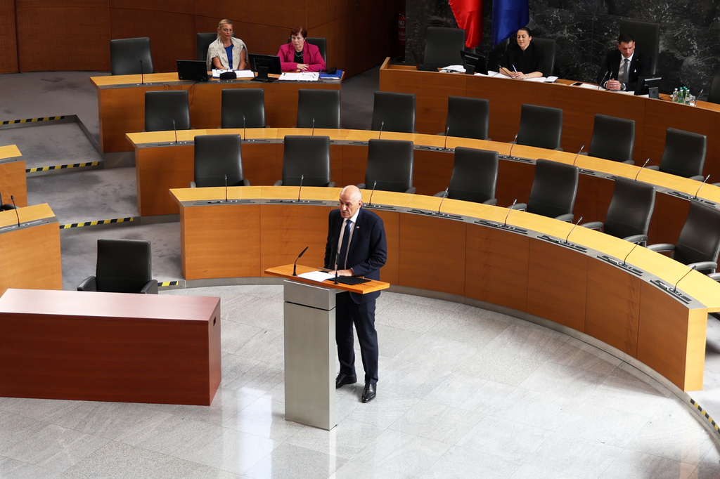Prime Minister Janes Jansa speaks before the Parliament during a session in Ljubljana, Slovenia, Thursday, June 4, 2026, (AP Photo/Relja Dusek)