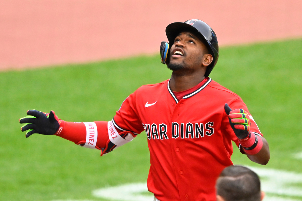 Cleveland Guardians' Angel Martinez celebrates his solo home run in the second inning against the Houston Astros in Cleveland, Tuesday, April 21, 2026. (AP Photo/David Richard)