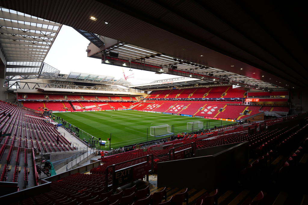 FILE - A general view of the Anfield stadium ahead of the Champions League, round of 16, first leg soccer match between Liverpool and Real Madrid in Liverpool, England, Feb. 21, 2023. (AP Photo/Jon Super, File)