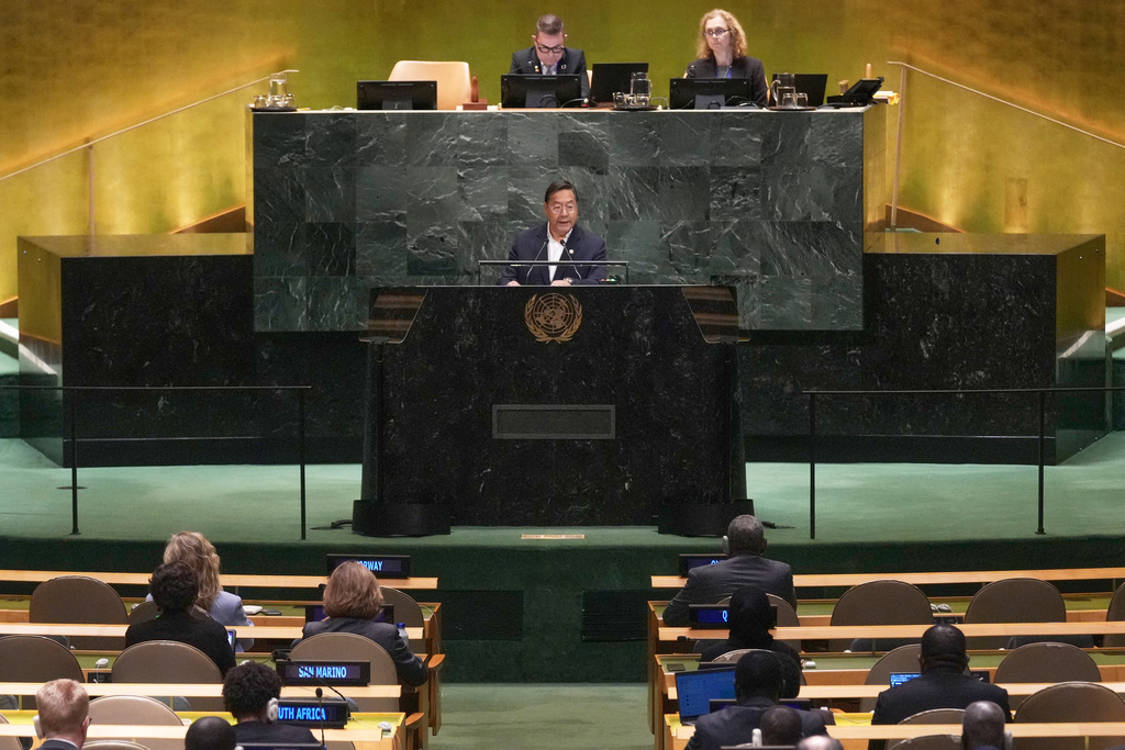 Bolivia President Luis Alberto Arce Catacora addresses the 80th session of the United Nations General Assembly, Thursday, Sept. 25, 2025. (AP Photo/Richard Drew)