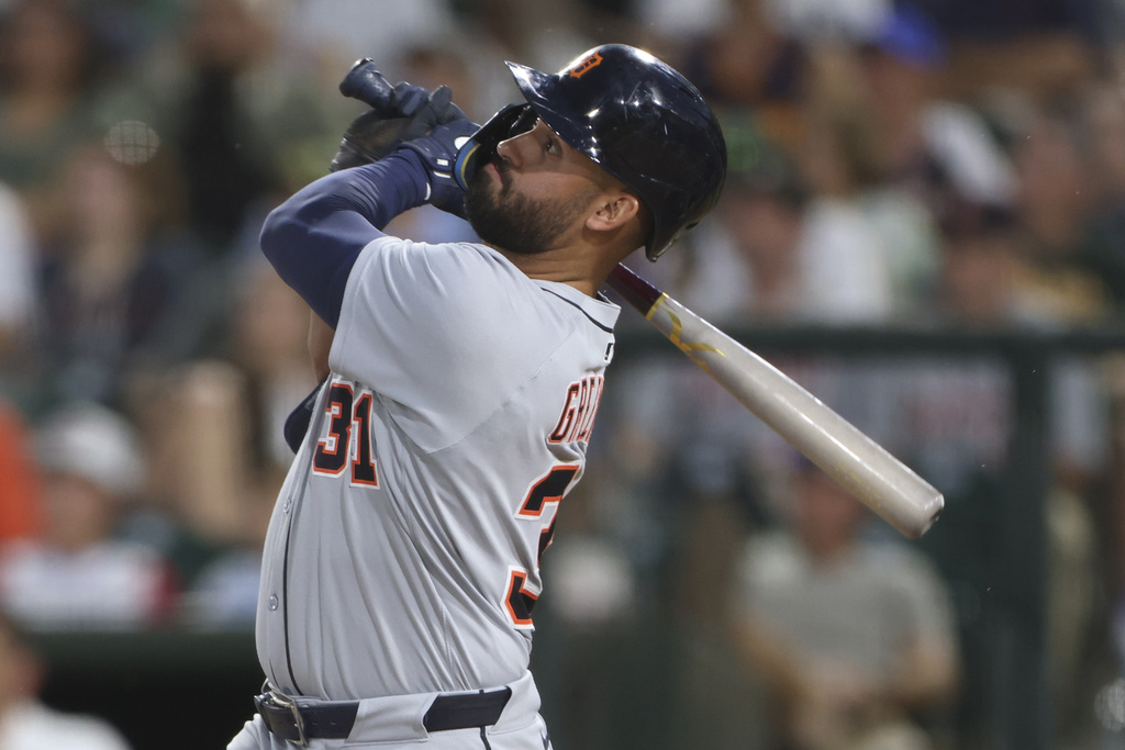 Detroit Tigers' Riley Greene hits a grand slam during the third inning of a baseball game against the Athletics, Tuesday, Aug. 26, 2025, in West Sacramento, Calif. (AP Photo/Scott Marshall)
