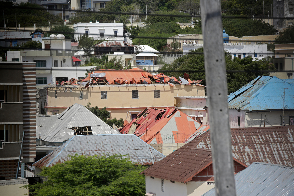 A view of a damaged buildings shows the aftermath of an hours-long militant attack in Mogadishu, Somalia, on Sunday, Oct. 5, 2025. (AP Photo/Farah Abdi Warsameh)