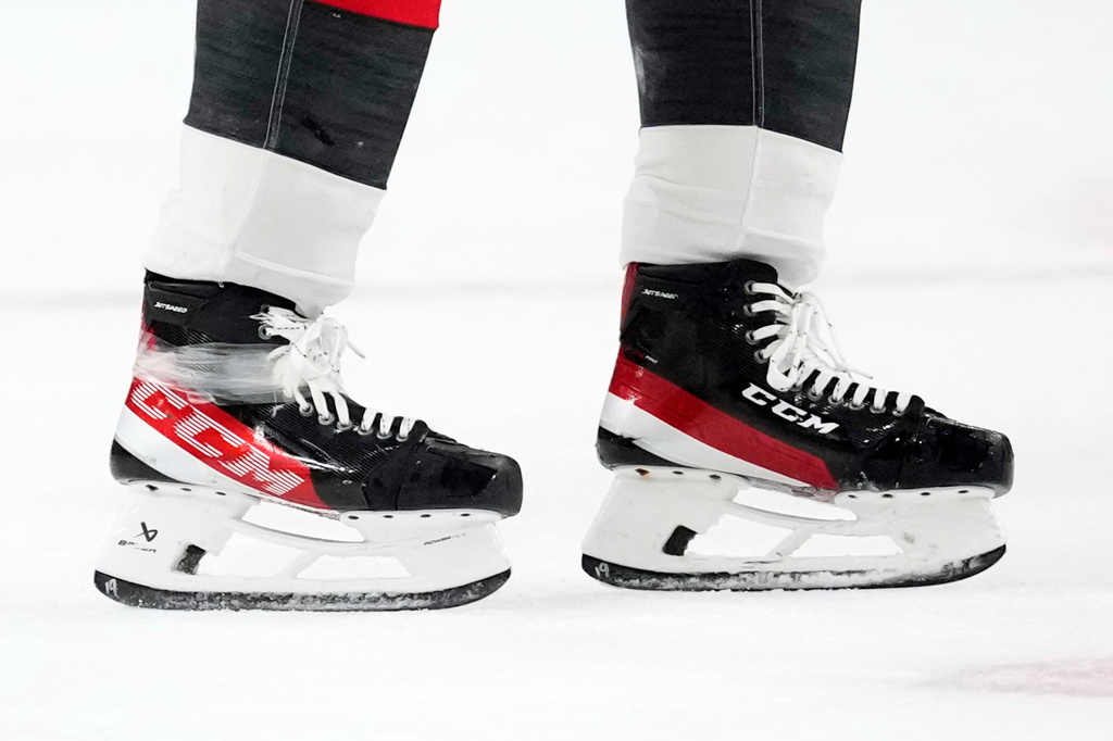 FILE - Carolina Hurricanes defenseman K'andre Miller skates during overtime in Game 3 of the NHL hockey Stanley Cup Final series against the Vegas Golden Knights, June 6, 2026, in Las Vegas. (AP Photo/John Locher, File)