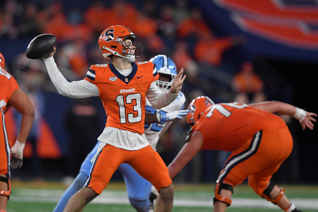 Syracuse quarterback Joseph Filardi (13) looks to throw during the second half of an NCAA college football game against North Carolina, Friday, Oct. 31, 2025, in Syracuse, N.Y. (AP Photo/Adrian Kraus)