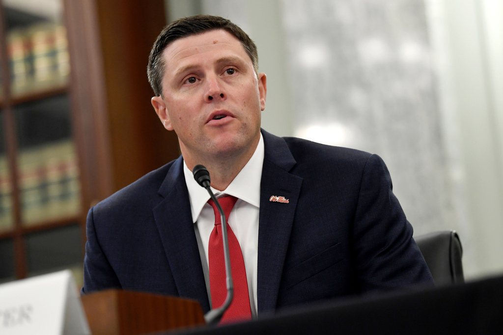 FILE - University of Mississippi Vice Chancellor for Intercollegiate Athletics Keith Carter testifies before a Senate Commerce Committee hearing on Capitol Hill in Washington, July 1, 2020. (AP Photo/Susan Walsh, File)