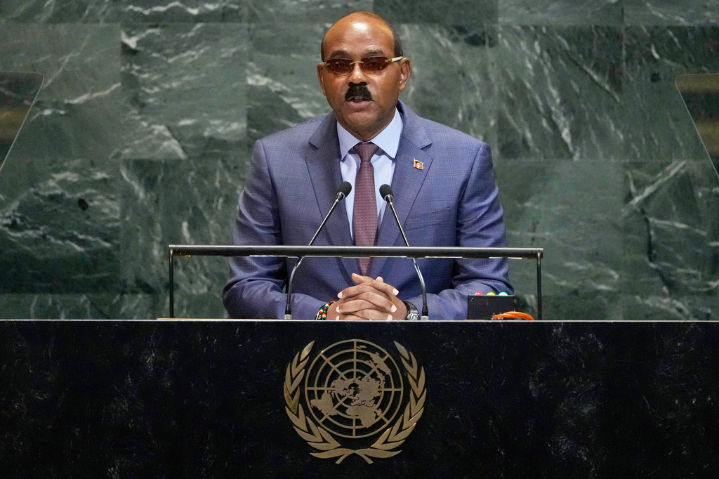 FILE - Prime Minister of Antigua and Barbuda Gaston Browne addresses the 80th session of the United Nations General Assembly, Sept. 26, 2025, at United Nations headquarters. (AP Photo/Pamela Smith, File)