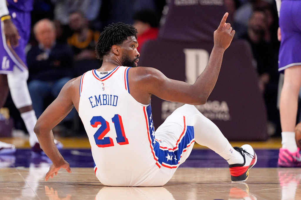 Philadelphia 76ers center Joel Embiid celebrates after scoring and drawing a foul during the second half of an NBA basketball game against the Los Angeles Lakers, Thursday, Feb. 5, 2026, in Los Angeles. (AP Photo/Mark J. Terrill)