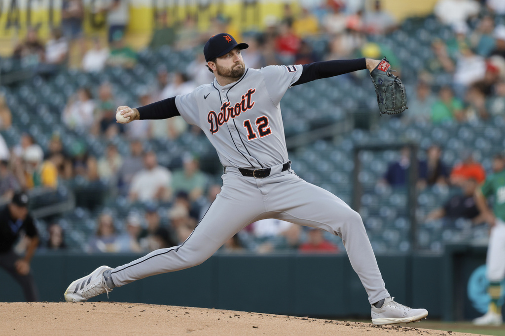 Detroit Tigers starting pitcher Casey Mize throws to an Athletics batter during the first inning of a baseball game Wednesday, Aug. 27, 2025, in West Sacramento, Calif. (AP Photo/Sergio Estrada)