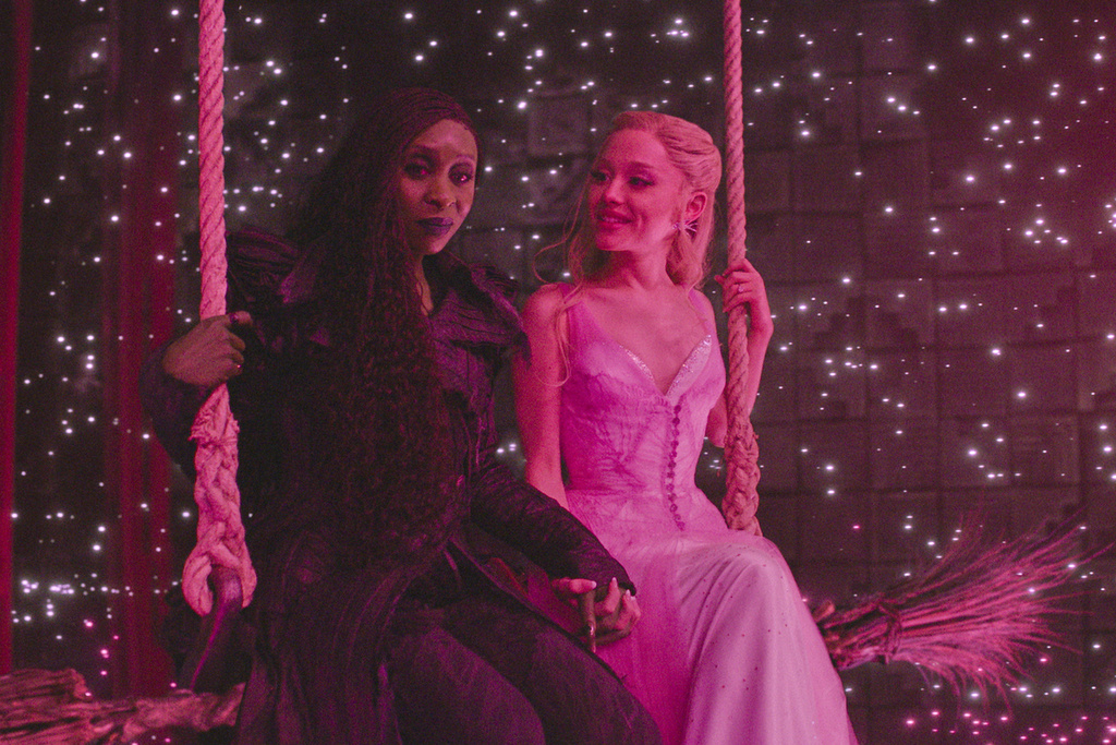 This image released by Universal Pictures shows Cynthia Erivo, left, and Ariana Grande in a scene from "Wicked for Good.." (Universal Pictures via AP)