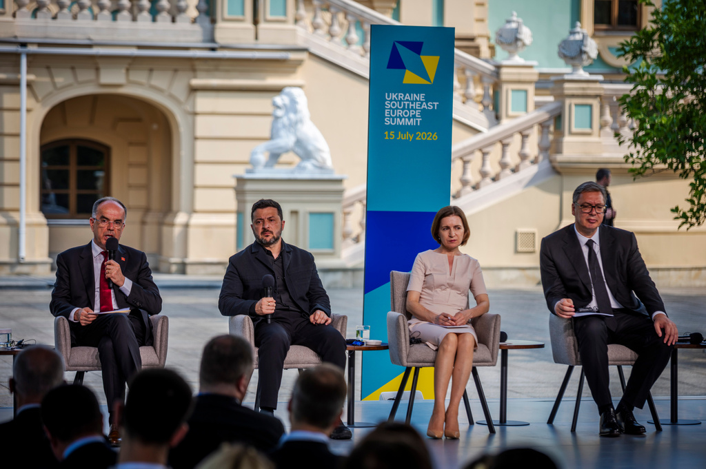 Left to right: President of Albania Bajram Begaj, Ukrainian President Volodymyr Zelenskyy, President of Moldova Maia Sandu and President of Serbia Aleksandar Vučić attend summit in Kyiv, Ukraine, Wednesday, July 15, 2026. (AP Photo/Dan Bashakov)