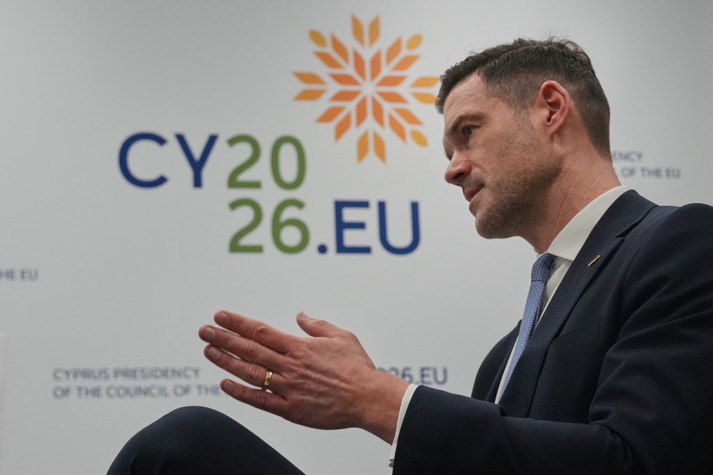 Swedish Migration Minister Johan Forssell speaks during an interview with The Associated Press during a meeting of EU Justice and Home Affairs ministers at Filoxenia conference center in Nicosia, Cyprus, Thursday, Jan. 22, 2026. (AP Photo/Petros Karadjias)
