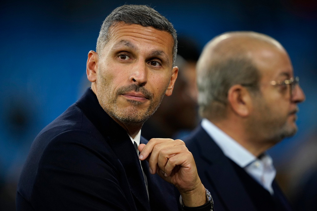 FILE - Manchester City chairman Khaldoon Al Mubarak gestures prior to the Champions League opening phase soccer match between Manchester City and Inter Milan in Manchester, England, Wednesday, Sept. 18, 2024. (AP Photo/Dave Thompson, File)