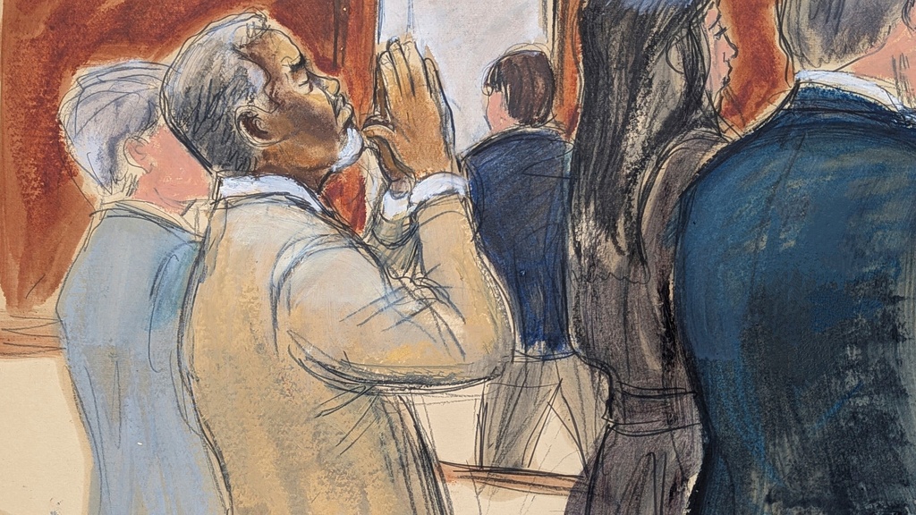 FILE - In this courtroom sketch, Sean "Diddy" Combs reacts after he was convicted of prostitution-related offenses but acquitted of sex trafficking and racketeering charges that could have put him behind bars for life, July 2, 2025, in Manhattan federal court in New York. (Elizabeth Williams via AP, file)