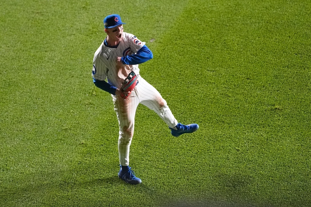 Chicago Cubs' Pete Crow-Armstrong celebrates after Game 3 of a National League wild card baseball game against the San Diego Padres Thursday, Oct. 2, 2025, in Chicago. (AP Photo/Erin Hooley)