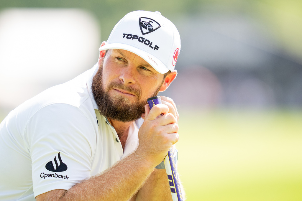 Tyrrell Hatton, of Legion XIII, looks from the 13th green during the first round of LIV Golf Indianapolis, Thursday, Aug. 20, 2026, in Westfield, Ind. (Pedro Salado/LIV Golf via AP)