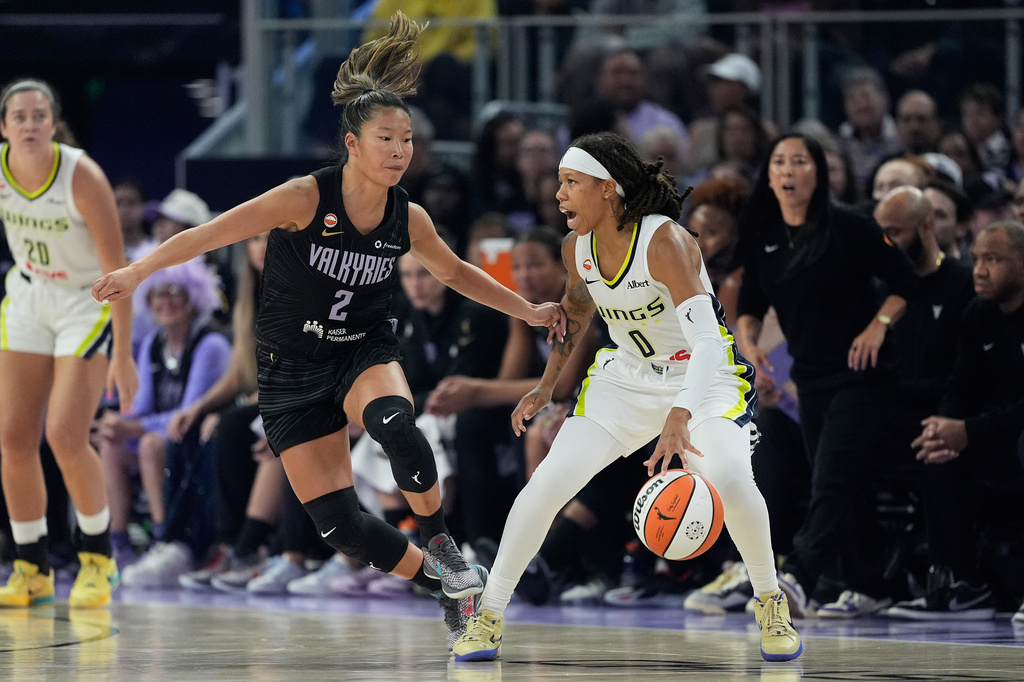 Dallas Wings guard Sug Sutton (0) controls the ball while being defended by Golden State Valkyries guard Kaitlyn Chen (2) during the first half of a WNBA basketball game in San Francisco, Monday, Aug. 17, 2026. (AP Photo/Jeff Chiu)