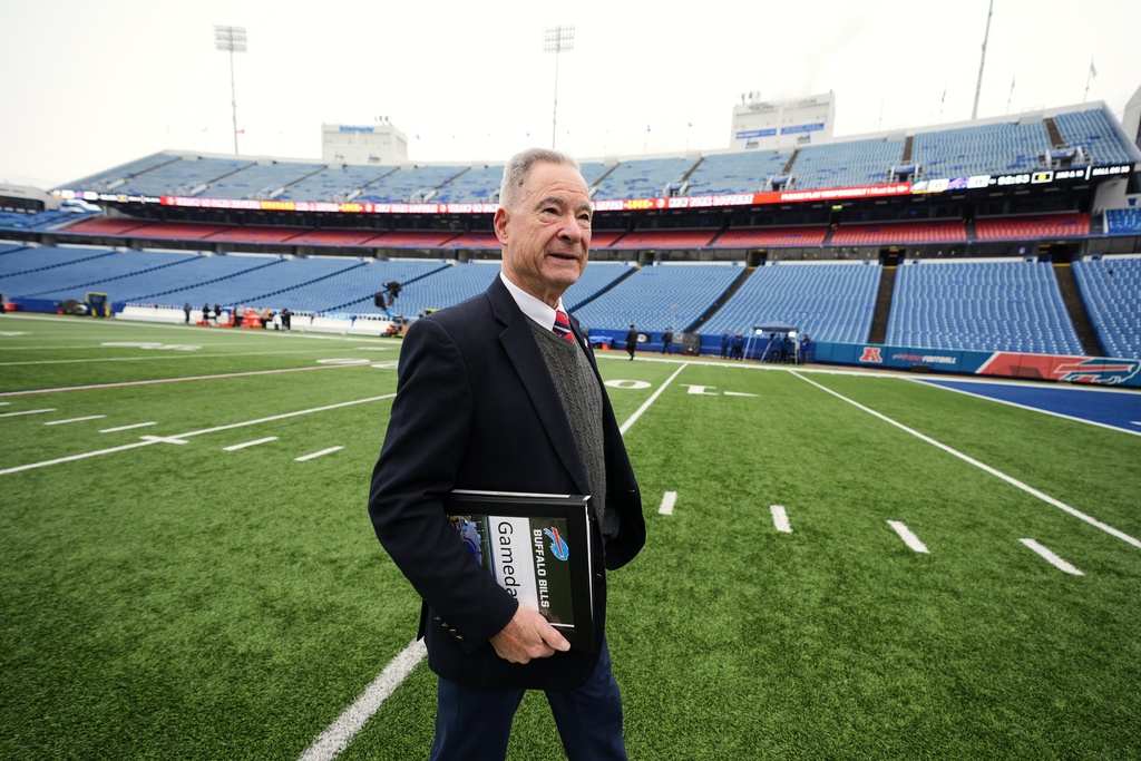Chris Clark, Buffalo Bills Vice President of Security walks on the field at Highmark Stadium before an NFL football game between the Philadelphia Eagles and Buffalo Bills, Sunday, Dec. 28, 2025. (AP Photo/Gene J. Puskar)