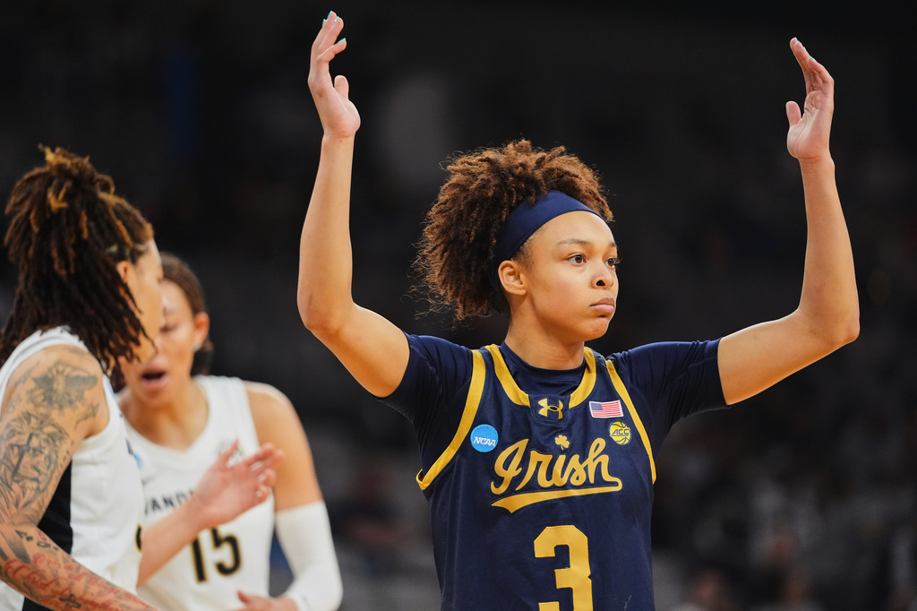 Notre Dame guard Hannah Hidalgo reacts to play against Vanderbilt in the first half in the Sweet 16 of the NCAA college basketball tournament, Friday, March 27, 2026, in Fort Worth, Texas. (AP Photo/LM Otero)