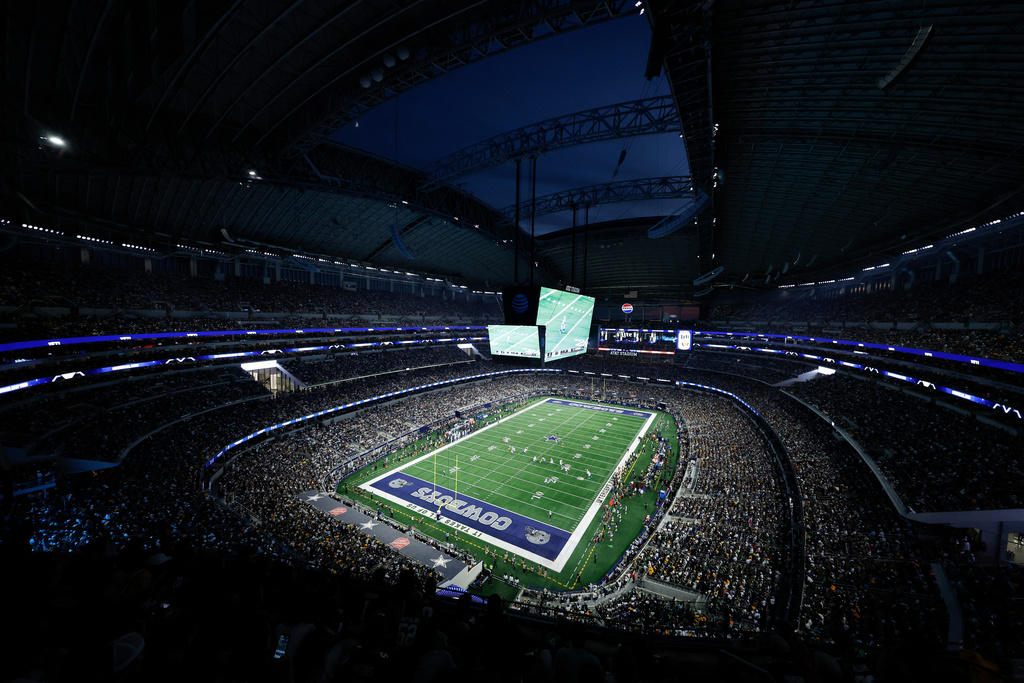 FILE - A general view shows the inside of the AT&T stadium during a NFL football game between the Green Bay Packers and the Dallas Cowboys Sept. 28, 2025, in Arlington, Texas. (AP Photo/Matt Patterson, File)
