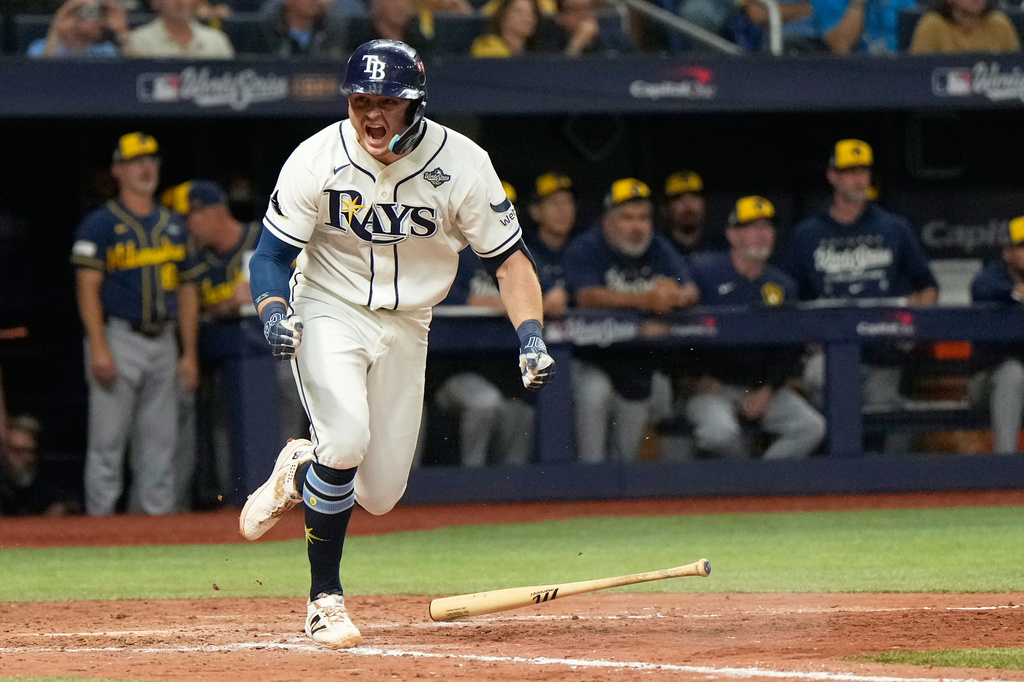 Tampa Bay Rays' Ben Williamson celebrates the game winning hit during the 12th inning of Game 4 of baseball's World Series, Wednesday, Oct. 28, 2026, in St. Petersburg, Fla., between the Milwaukee Brewers and the Tampa Bay Rays. (AP Photo/Ashley Landis)