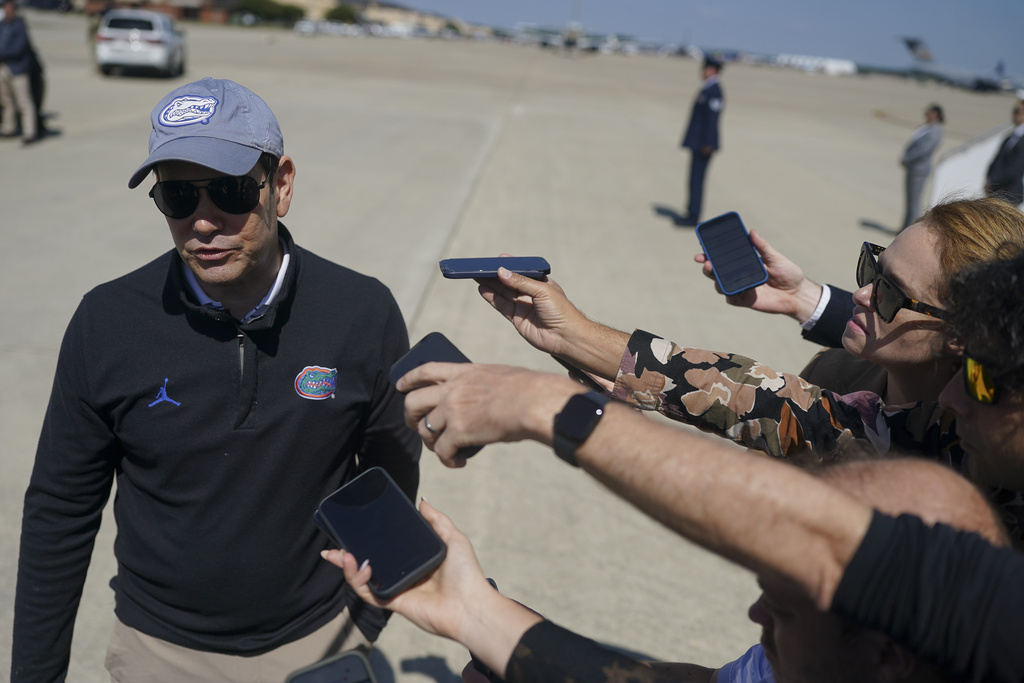 Secretary of State Marco Rubio speaks with members of the media before departing for Israel at Joint Base Andrews, Md., Saturday, Sept. 13, 2025. (Nathan Howard/Pool Photo via AP)