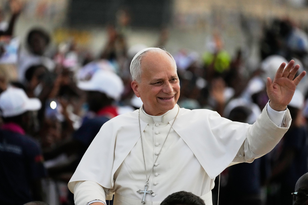 Pope Leo XIV arrives at the esplanade in front of the Sanctuary of Mama Muxima, in Muxima, Angola, Sunday, April 19, 2026. (AP Photo/Themba Hadebe)