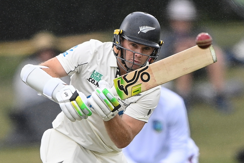 New Zealand's Tom Latham bats against the West Indies during their cricket test match in Christchurch, New Zealand, Tuesday, Dec. 2, 2025. (John Davidson/Photosport via AP)