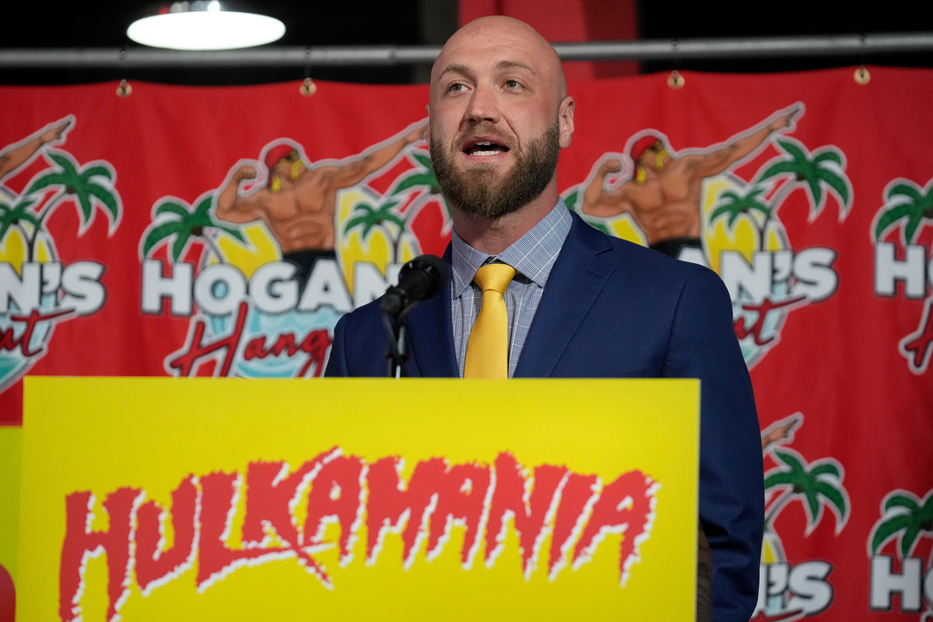 Nick Hogan, son of wrestling legend Hulk Hogan, speaks after Florida Gov. Ron DeSantis named a trail in honor of Hulk Hogan during a news conference Friday, Oct. 3, 2025, in Clearwater, Fla. (AP Photo/Chris O'Meara)