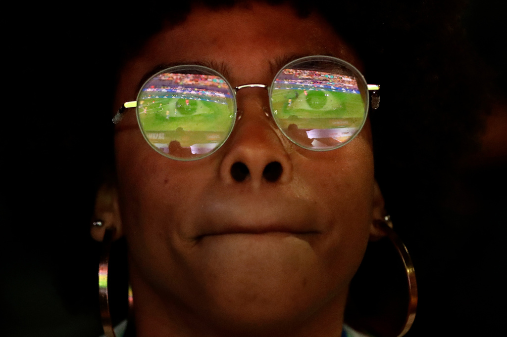 A Brazil soccer fan watches Brazil's World Cup match against Norway on a screen on Copacabana beach in Rio de Janeiro, Brazil, Sunday, July 5, 2026. (AP Photo/Bruna Prado)