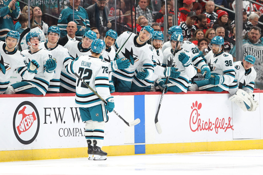 San Jose Sharks' William Eklund (72) reacts with teammates after scoring against the New Jersey Devils during the first period of an NHL hockey game Friday, Oct. 24, 2025, in Newark, N.J. (AP Photo/Pamela Smith) San Jose Sharks' William Eklund (72) reacts with teammates after scoring against the New Jersey Devils during the first period of an NHL hockey game Friday, Oct. 24, 2025, in Newark, N.J. (AP Photo/Pamela Smith)