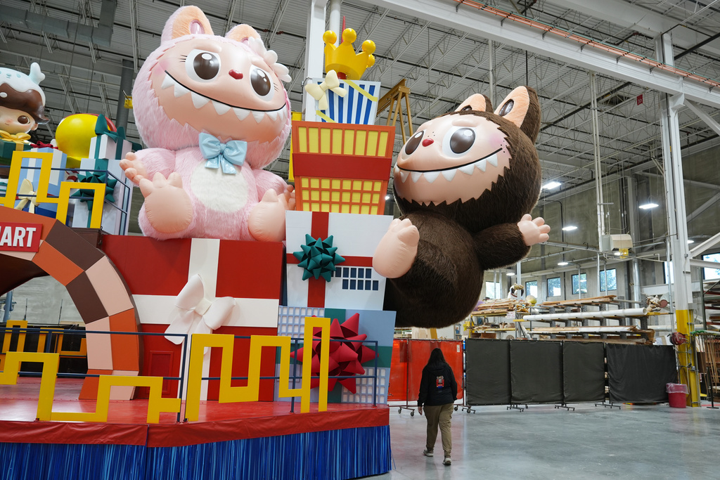 A new Thanksgiving Day float featuring Pop Mart's Labubu, right, and Mokoko are displayed during a press preview of the new floats at Macy's Parade Studio in Moonachie, N.J., Tuesday, Nov. 18, 2025. (AP Photo/Seth Wenig)